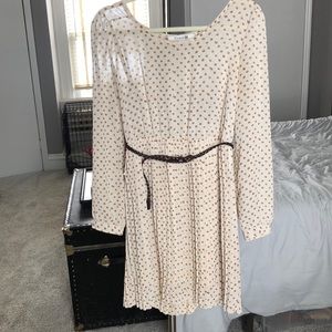 Long Sleeve Polka Dot Pleated Dress with Belt